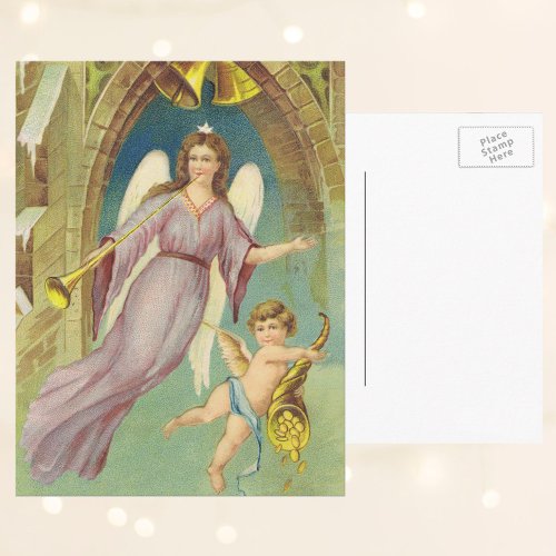 Vintage Christmas Victorian Angel with Cherub Holiday Postcard