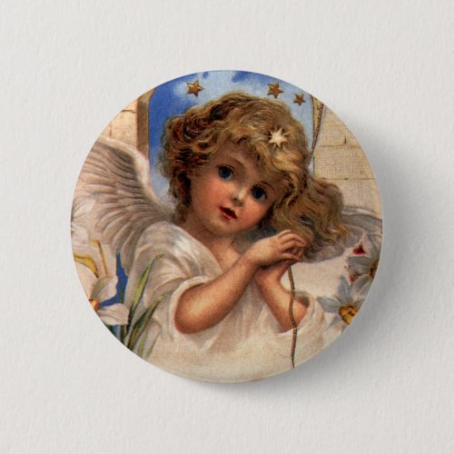 Vintage Christmas Victorian Angel with Gold Bells Button