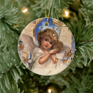 Vintage Christmas, Victorian Angel with Gold Bells Ceramic Ornament