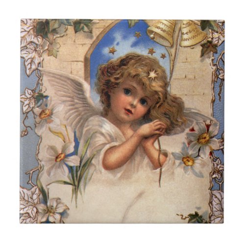 Vintage Christmas Victorian Angel with Gold Bells Ceramic Tile