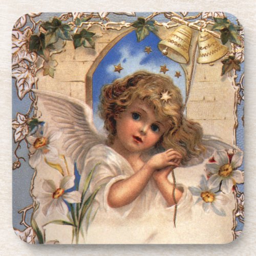 Vintage Christmas Victorian Angel with Gold Bells Coaster