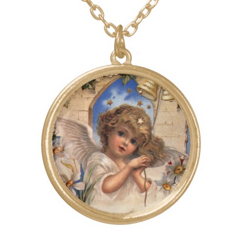 Vintage Christmas Victorian Angel with Gold Bells Gold Plated Necklace