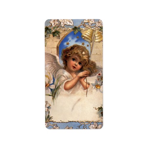 Vintage Christmas Victorian Angel with Gold Bells Label