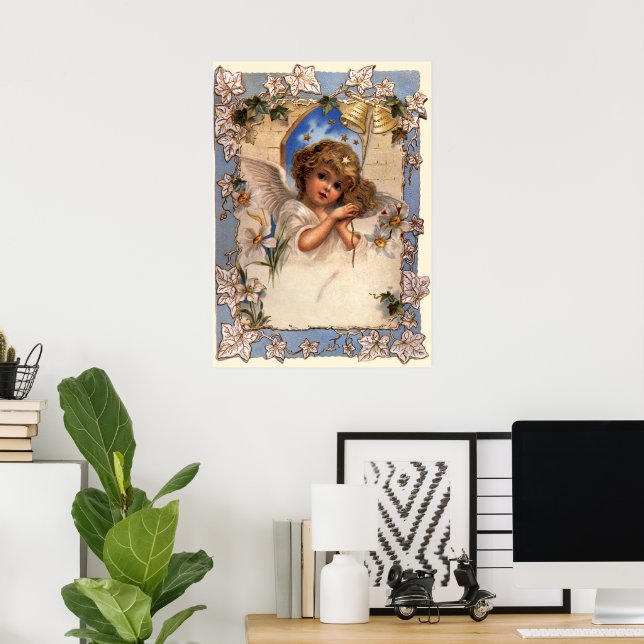 Vintage Christmas, Victorian Angel with Gold Bells Poster (Home Office)
