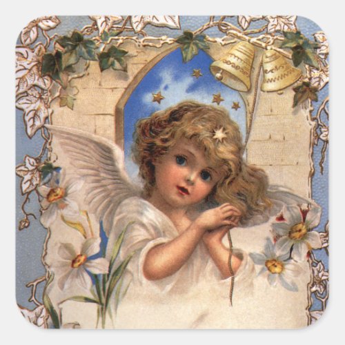 Vintage Christmas Victorian Angel with Gold Bells Square Sticker