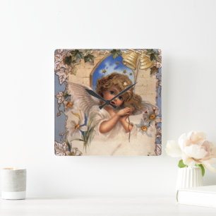 Vintage Christmas, Victorian Angel with Gold Bells Square Wall Clock