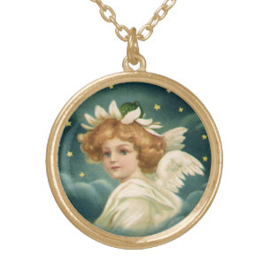 Vintage Christmas, Victorian Angel with Gold Stars Gold Plated Necklace
