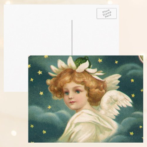 Vintage Christmas Victorian Angel with Gold Stars Holiday Postcard