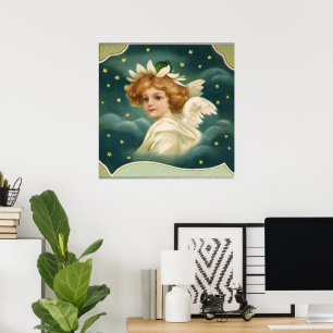 Vintage Christmas, Victorian Angel with Gold Stars Poster