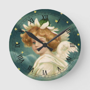 Vintage Christmas, Victorian Angel with Gold Stars Round Clock