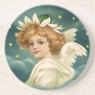 Vintage Christmas, Victorian Angel with Gold Stars Sandstone Coaster
