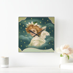 Vintage Christmas, Victorian Angel with Gold Stars Square Wall Clock