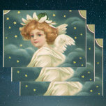 Vintage Christmas, Victorian Angel with Gold Stars Wrapping Paper Sheets<br><div class="desc">Vintage illustration religious Christmas holiday image featuring a Victorian angel. This angelic cherub has a halo of white feathers,  wings and is surrounded by golden stars and clouds in heaven.</div>