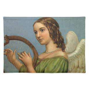 Vintage Christmas, Victorian Angel with Music Harp Cloth Placemat