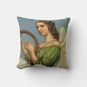Vintage Christmas, Victorian Angel with Music Harp Throw Pillow