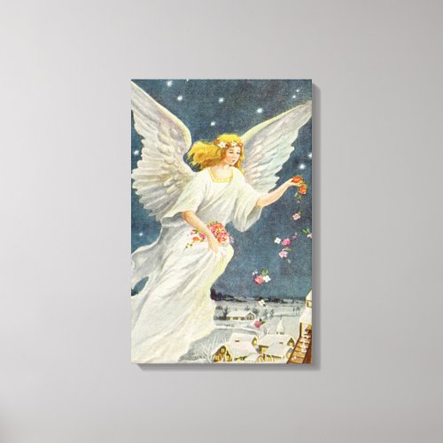 Vintage Christmas Victorian Angel with Stars Roses Canvas Print
