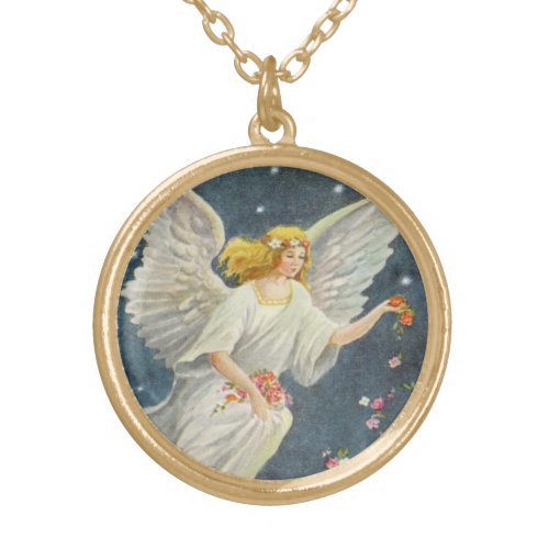 Vintage Christmas Victorian Angel with Stars Roses Gold Plated Necklace