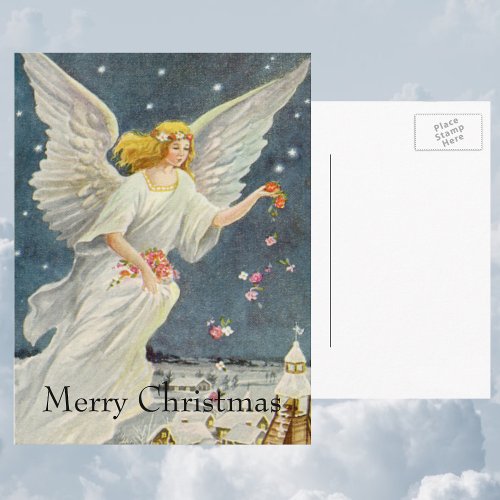 Vintage Christmas Victorian Angel with Stars Roses Holiday Postcard