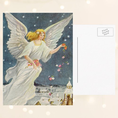 Vintage Christmas Victorian Angel with Stars Roses Holiday Postcard