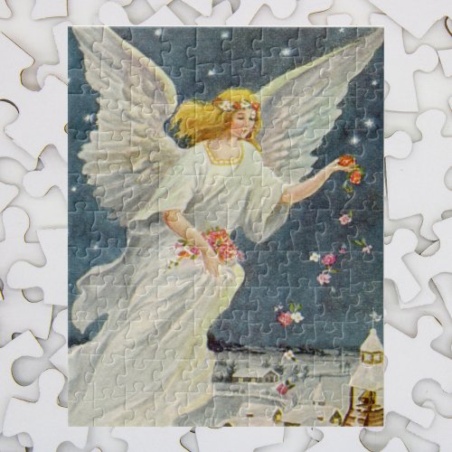 Vintage Christmas Victorian Angel with Stars Roses Jigsaw Puzzle