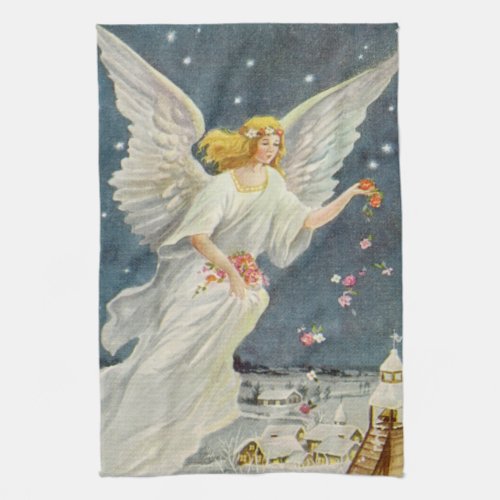 Vintage Christmas Victorian Angel with Stars Roses Kitchen Towel