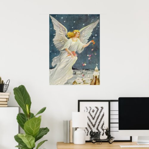 Vintage Christmas Victorian Angel with Stars Roses Poster