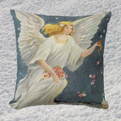 Vintage Christmas Victorian Angel with Stars Roses Throw Pillow