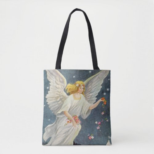 Vintage Christmas Victorian Angel with Stars Roses Tote Bag