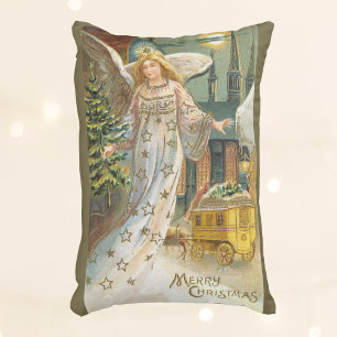 Vintage Christmas, Victorian Angel with Tree Accent Pillow