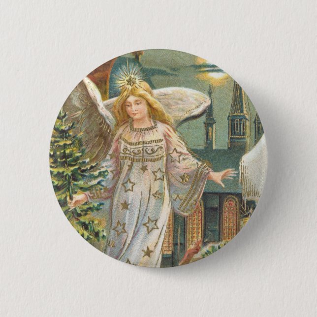 Vintage Christmas, Victorian Angel with Tree Button (Front)