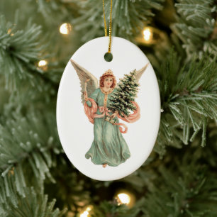 Vintage Christmas, Victorian Angel with Tree Ceramic Ornament
