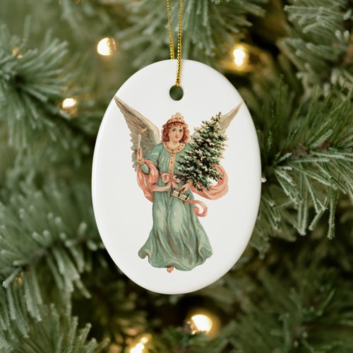 Vintage Christmas, Victorian Angel with Tree Ceramic Ornament