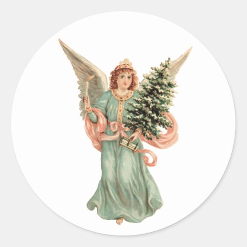 Vintage Christmas Victorian Angel with Tree Classic Round Sticker