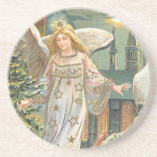 Vintage Christmas Victorian Angel with Tree Drink Coaster