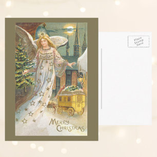 Vintage Christmas, Victorian Angel with Tree Holiday Postcard