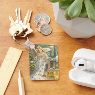 Vintage Christmas, Victorian Angel with Tree Keychain