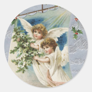Vintage Christmas, Victorian Angels in a Sailboat Classic Round Sticker