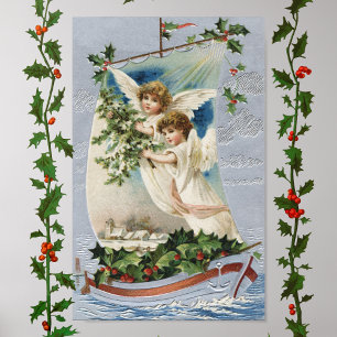 Vintage Christmas, Victorian Angels in a Sailboat Poster