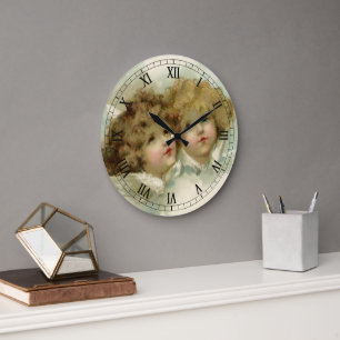 Vintage Christmas, Victorian Angels in the Clouds Large Clock