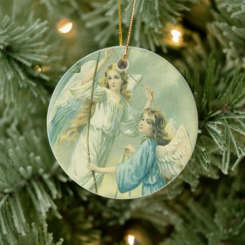 Vintage Christmas, Victorian Angels with a Bell Ceramic Ornament