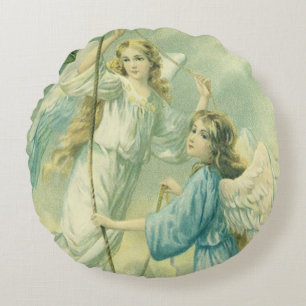 Vintage Christmas, Victorian Angels with a Bell Round Pillow