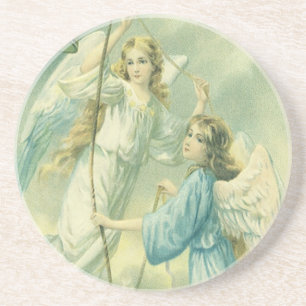 Vintage Christmas, Victorian Angels with a Bell Sandstone Coaster