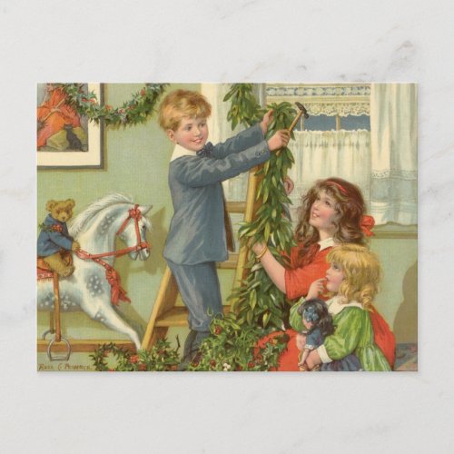 Vintage Christmas Victorian Children Decorating Holiday Postcard