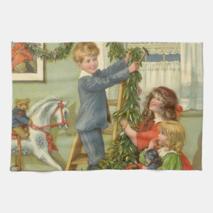 Vintage Christmas, Victorian Children Decorating Kitchen Towel
