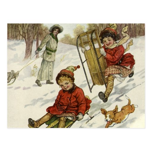 Vintage Christmas, Victorian Children Sled in Snow Postcard | Zazzle