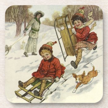 Vintage Christmas  Victorian Children Sledding Dog Beverage Coaster by ChristmasCafe at Zazzle
