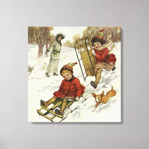 Vintage Christmas Victorian Children Sledding Dog Canvas Print