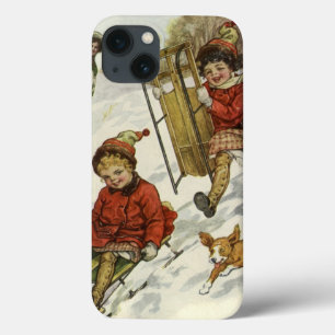 Vintage Christmas, Victorian Children Sledding Dog iPhone 13 Case