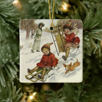 Vintage Christmas  Victorian Children Sledding Dog Ceramic Ornament by ChristmasCafe at Zazzle