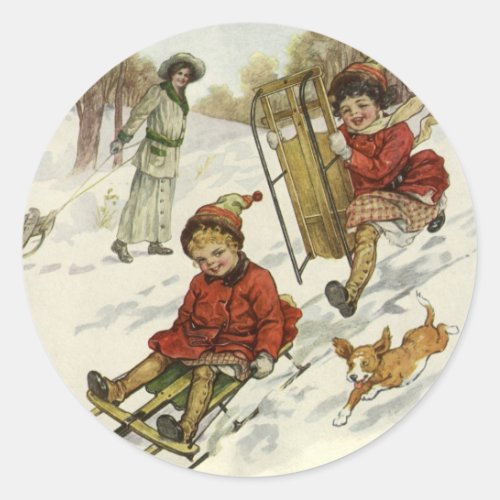 Vintage Christmas Victorian Children Sledding Dog Classic Round Sticker